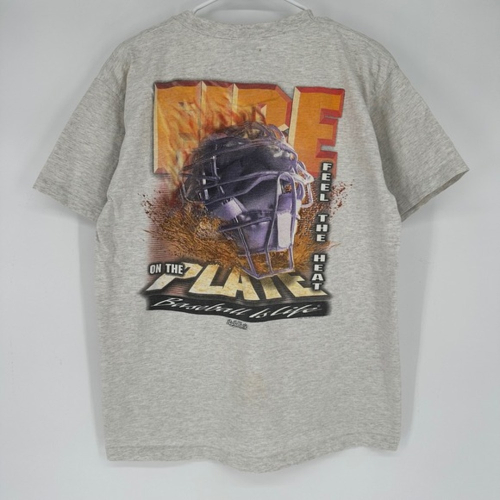 Vintage 90s Big Ball‎ Sports Fire On The Plate Baseball Shirt Gray Large